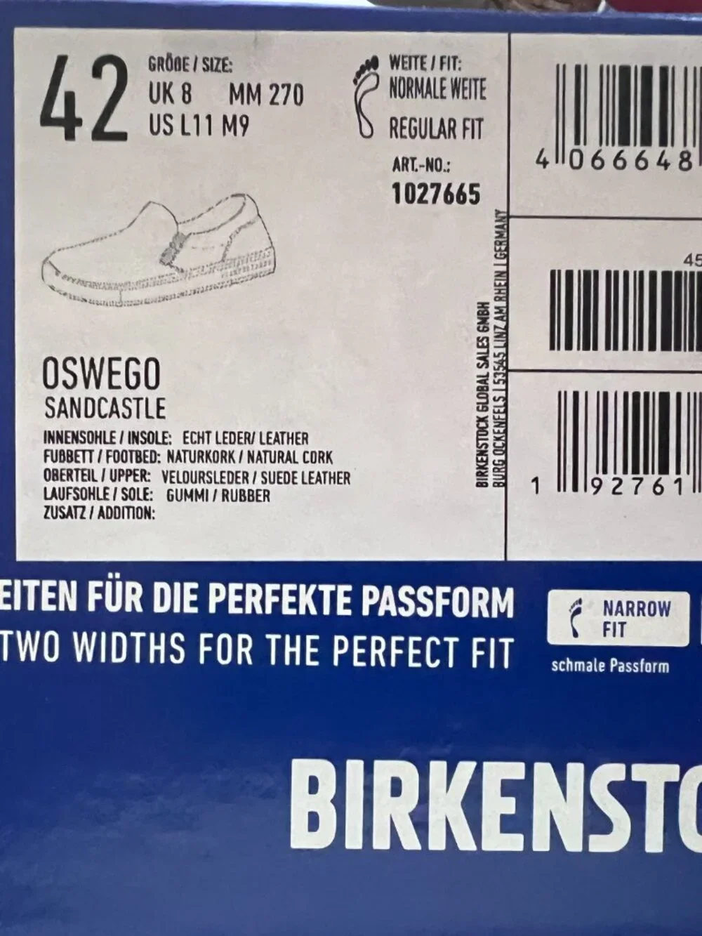 Birkenstock Oswego, Sandcastle, Slip-on.  Brand new, in box.  EU 42 (US 9)